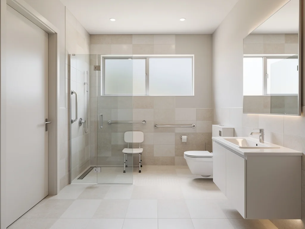 Salle de bain senior lumineuse ouverte, accès de plain-pied sans marche